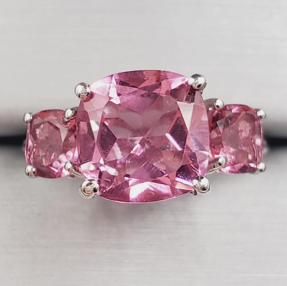 Pink Quartz Three Stone Cushion Cut Ring | 925 Sterling Silver
